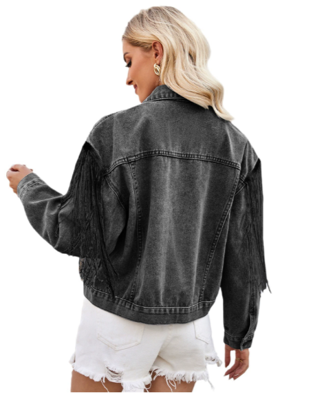 Washed Denim Jacket with Tassels Long Sleeve
