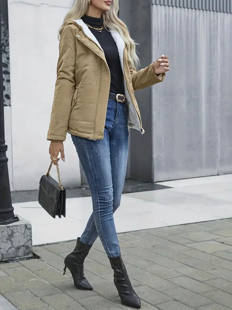 Fleece-Lined Hooded Coat – Winter Preppy Long Sleeve Jacket with Pockets