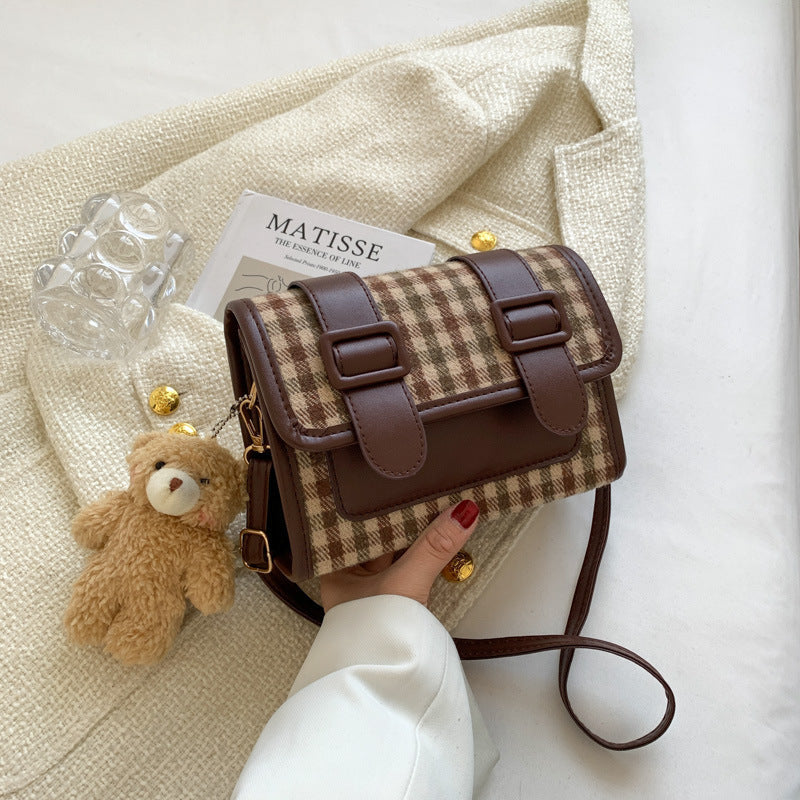 One-Shoulder Plaid Crossbody Bag Trendy Small Square Handbag