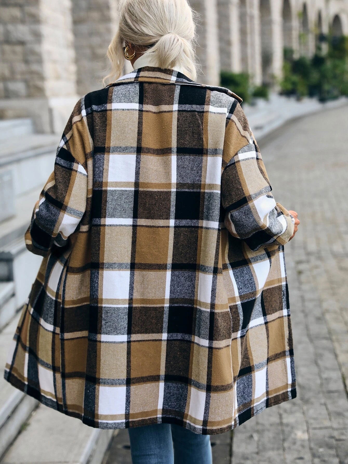 Plaid Jacket –Long Button-Up Coat with Pockets