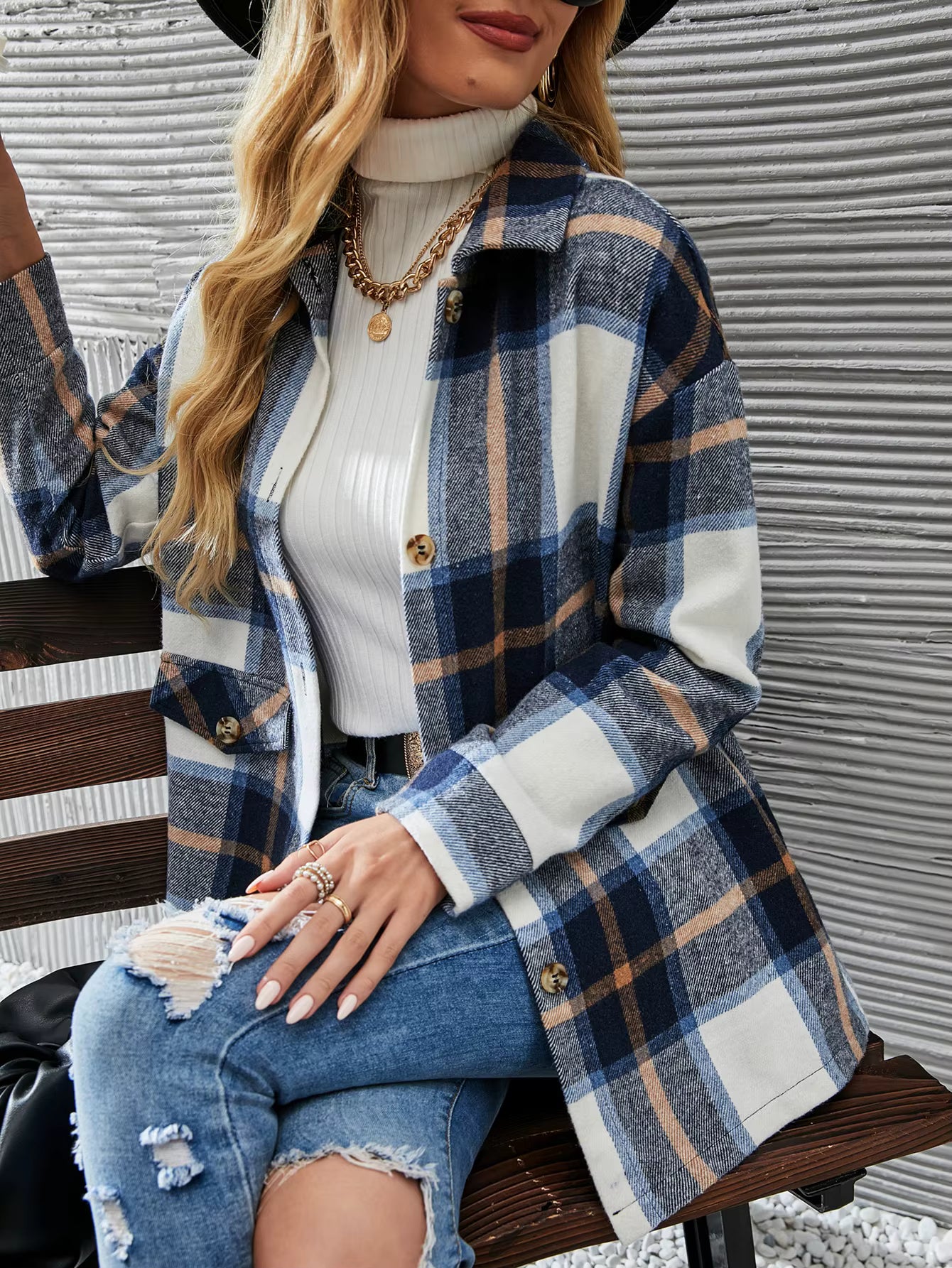 Retro Plaid Shirt Long Sleeve Loose Fit with Lapel Collar