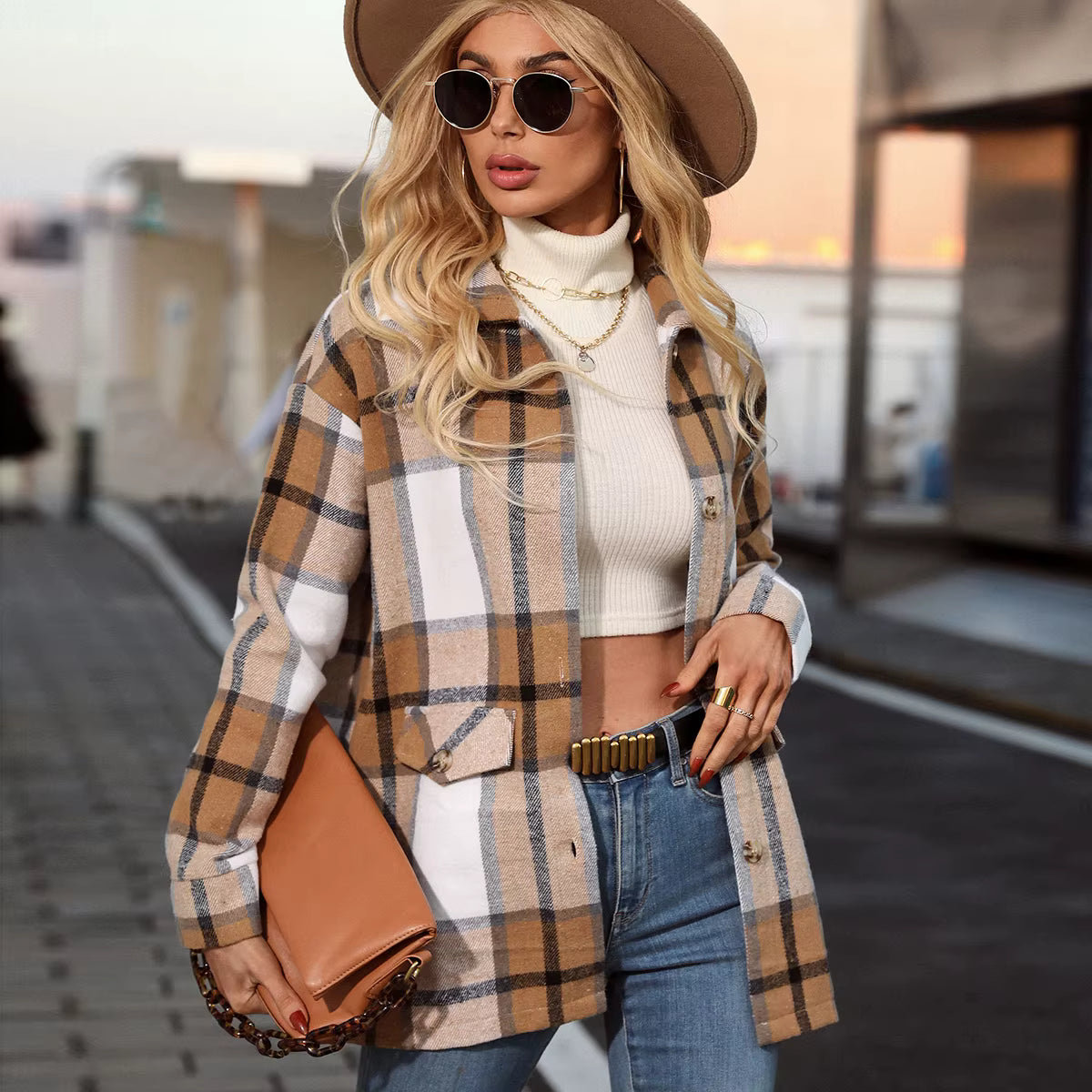 Plaid Button Coat Elegant Cross-Border Style Outerwear