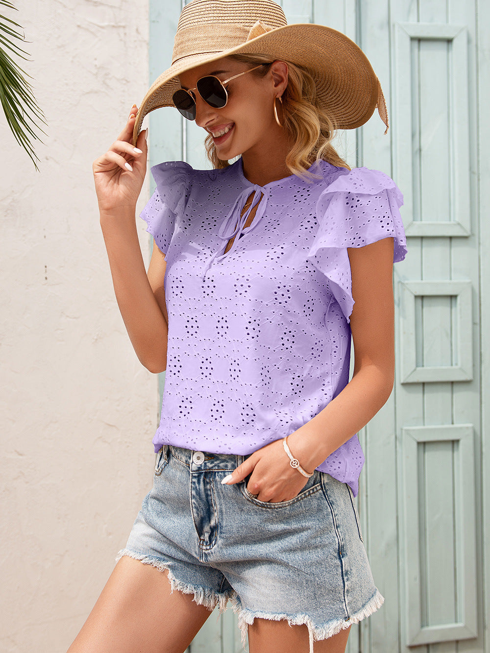 Chain Link Cutout Tie Round Neck Top