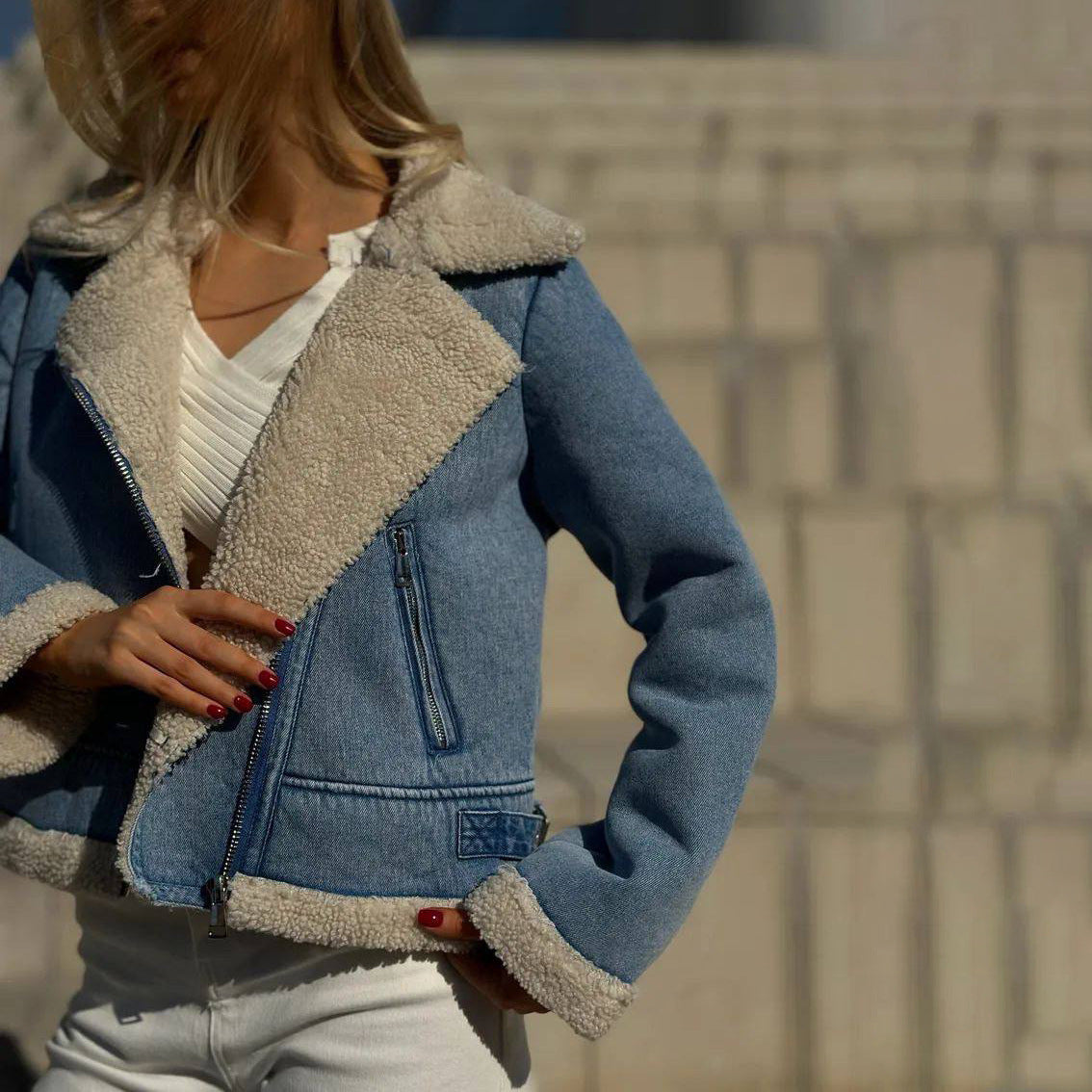 Fleece-lined Denim Coat Short Jacket With Fur