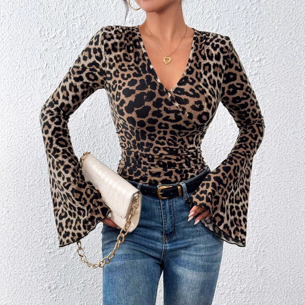 Leopard Layered V-neck Flared Sleeves Slim-fit Sexy Knitted Top Tops VAYORK STARS