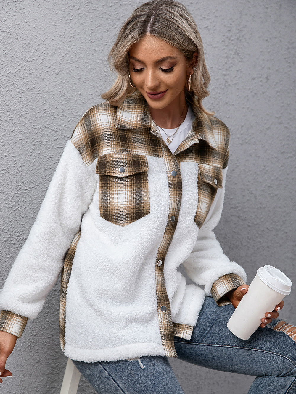 Plush Plaid Shirt Jacket Cozy Button-Up