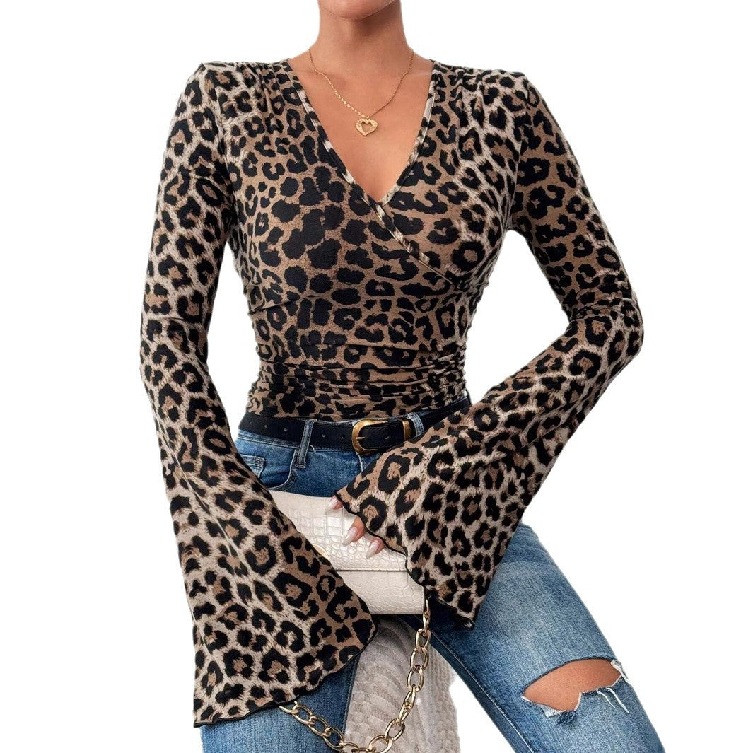 Leopard Layered V-neck Flared Sleeves Slim-fit Sexy Knitted Top