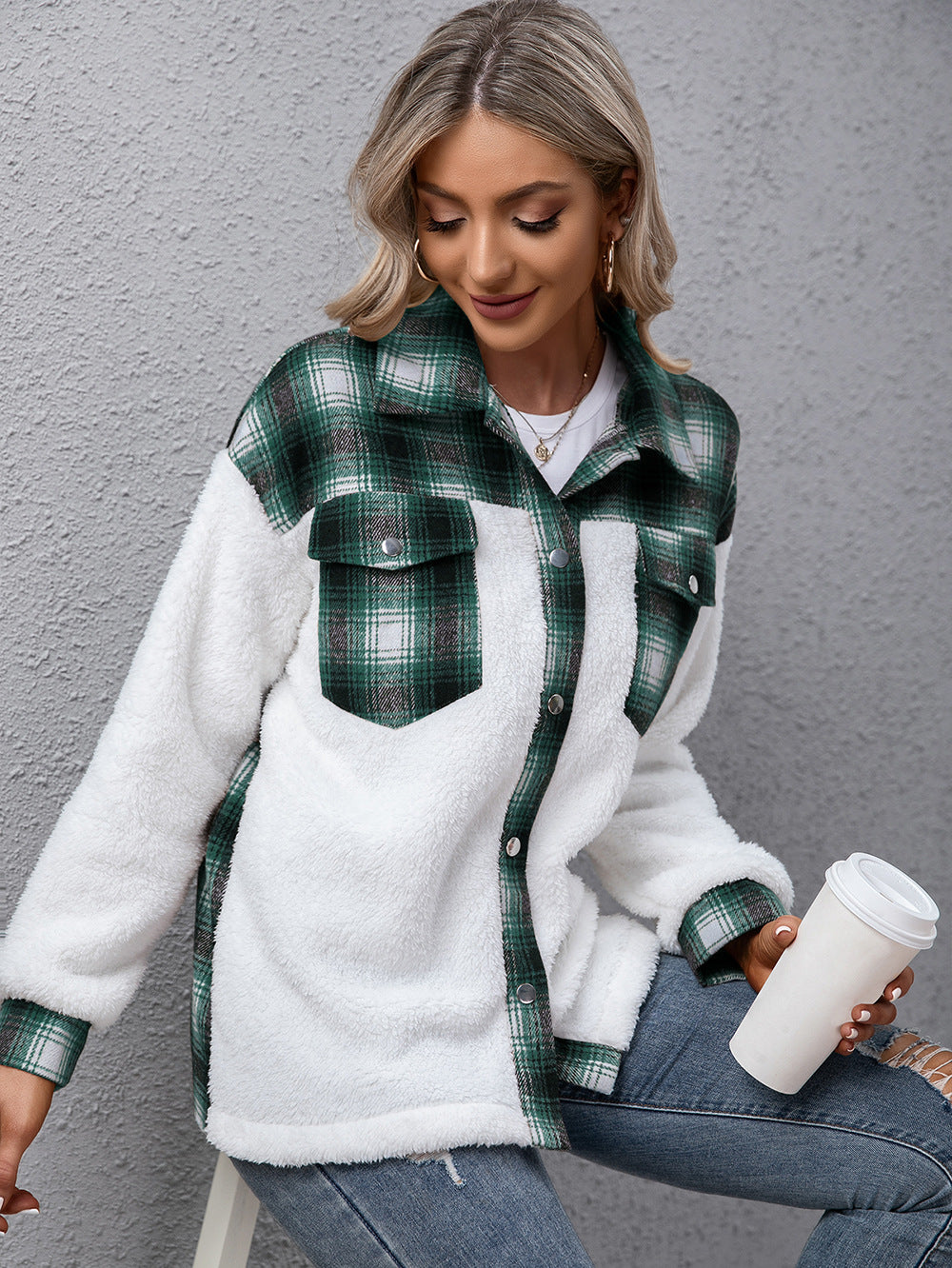 Plush Plaid Shirt Jacket Cozy Button-Up