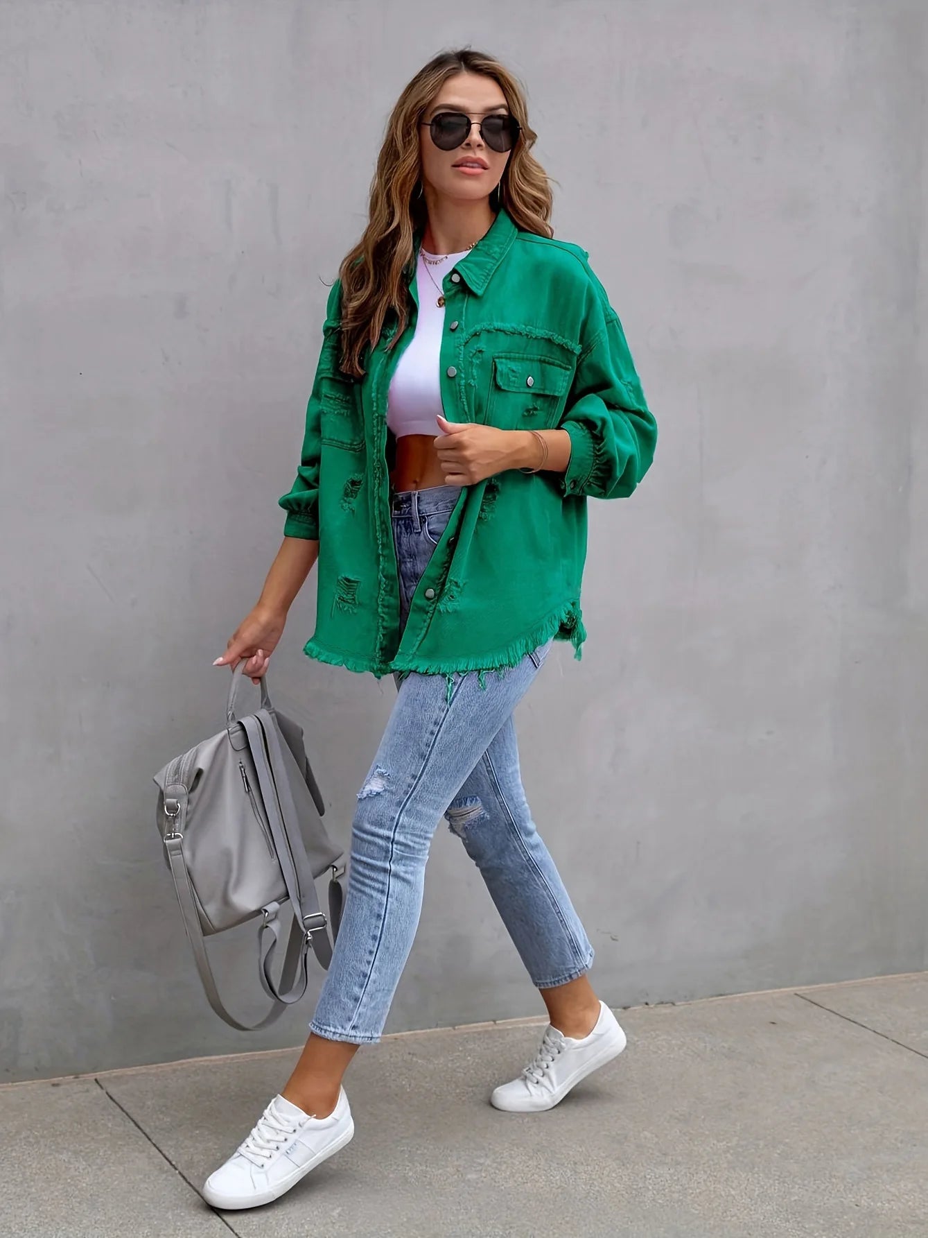 Ripped Denim Shirt Jacket Long Sleeve Solid Color Loose Denim Coat