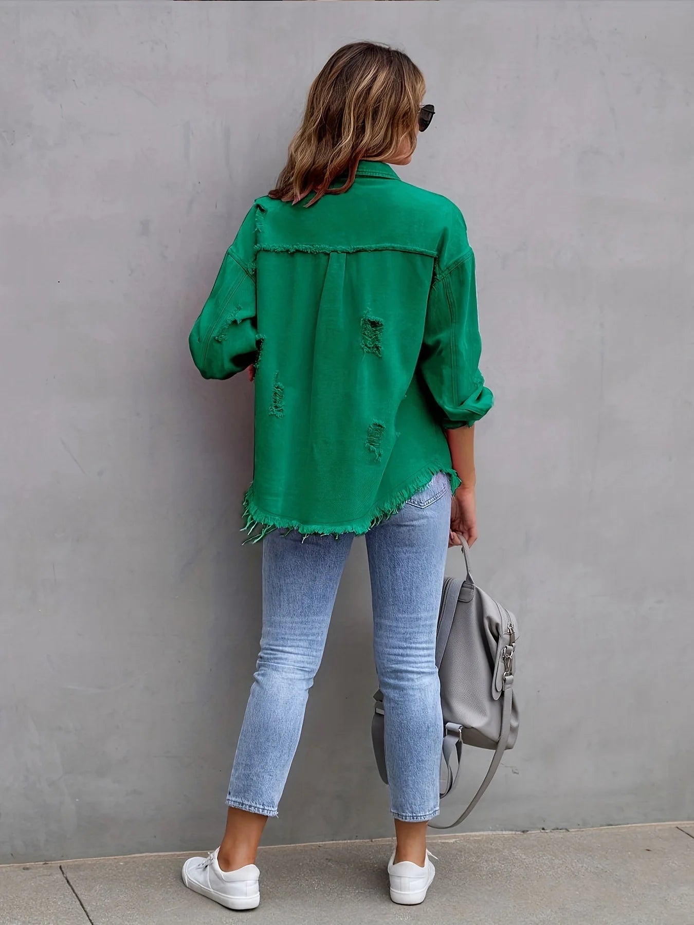 Ripped Denim Shirt Jacket Long Sleeve Solid Color Loose Denim Coat