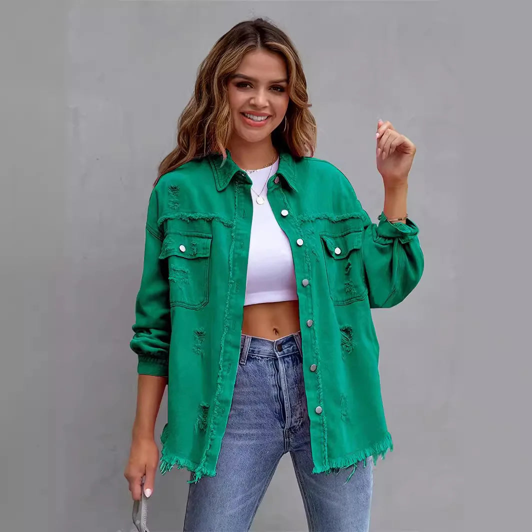 Ripped Denim Shirt Jacket Long Sleeve Solid Color Loose Denim Coat