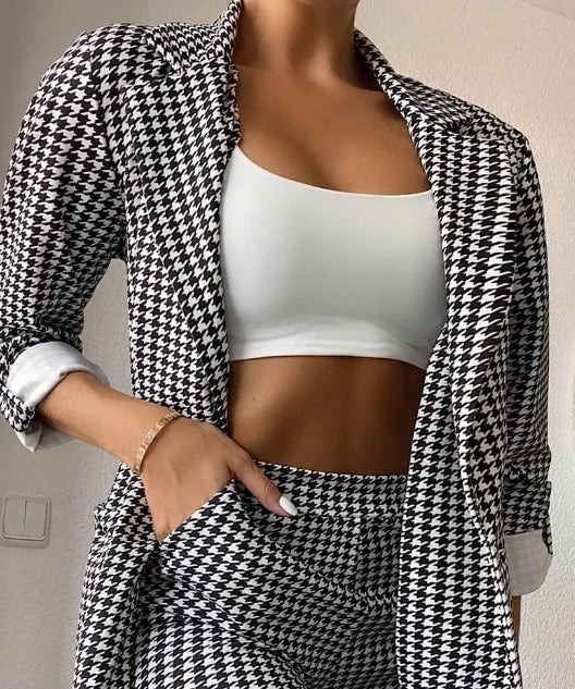 Houndstooth Printed Long Sleeve Suit Coat