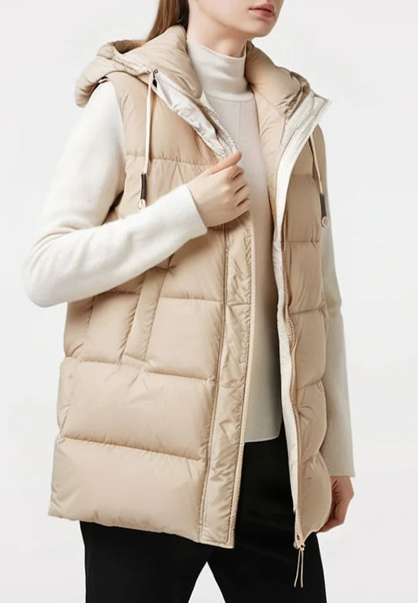 Duck Down Hooded Puffer Vest Sleeveless Zip & Button Jacket