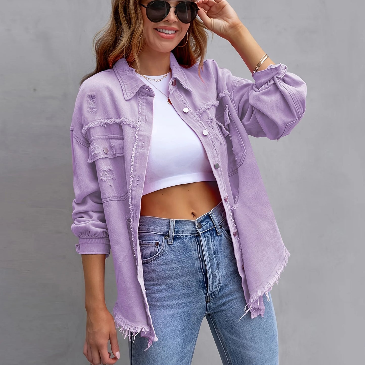 Ripped Denim Shirt Jacket Long Sleeve Solid Color Loose Denim Coat