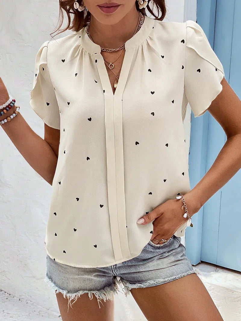 V-neck Love Print Short Sleeve High Quality Tops