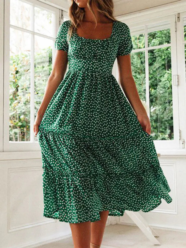 Vintage Print Puff Sleeve Retro Style Vestidos