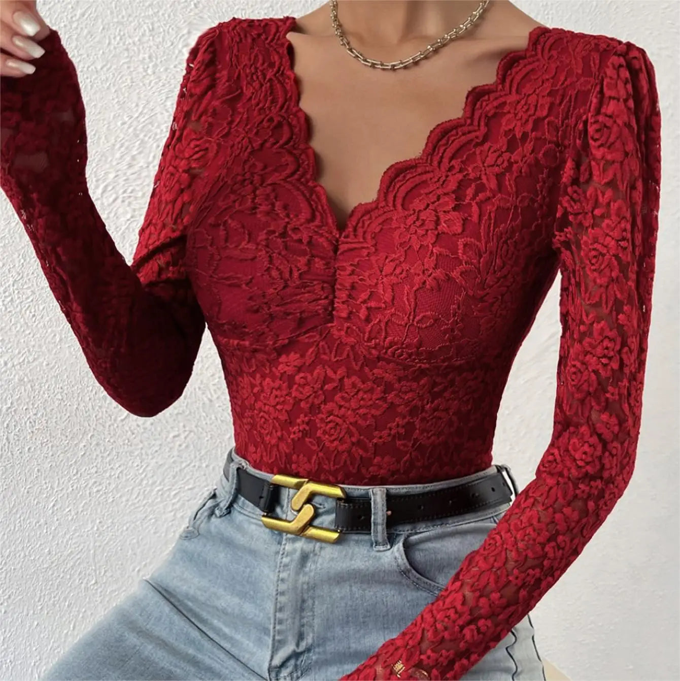 Floral Lace Scallop Trim Teddy Bodysuit Long Sleeve V Neck