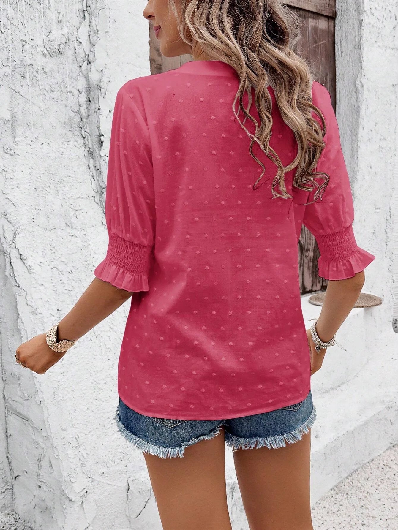V-Neck Puff Sleeve Bluse Shirred Bust Half Sleeve