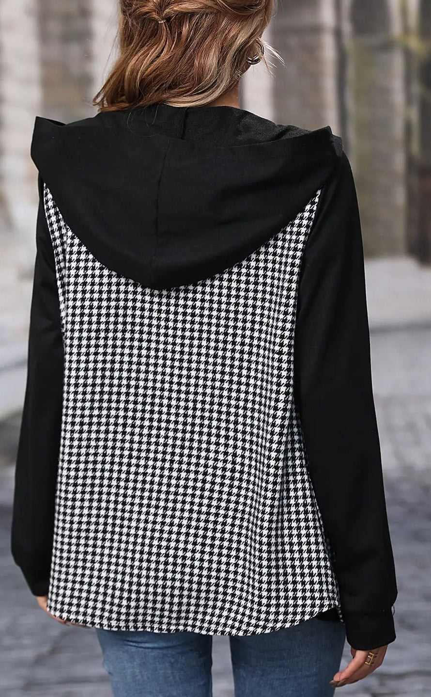 Houndstooth Hooded Jacket Plaid Print Long Sleeve Zipper