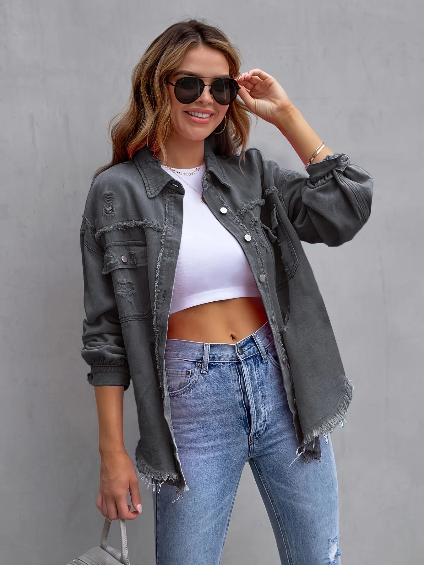 Ripped Denim Shirt Jacket Long Sleeve Solid Color Loose Denim Coat