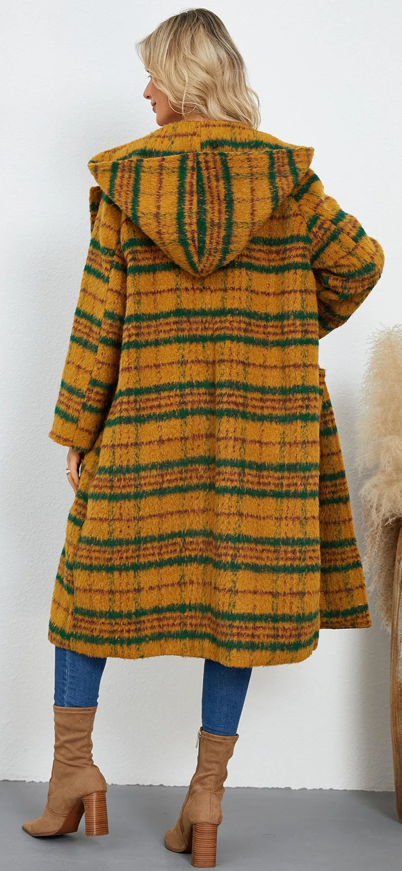 Winter Woolen Coat Plaid Long Coat with Hood