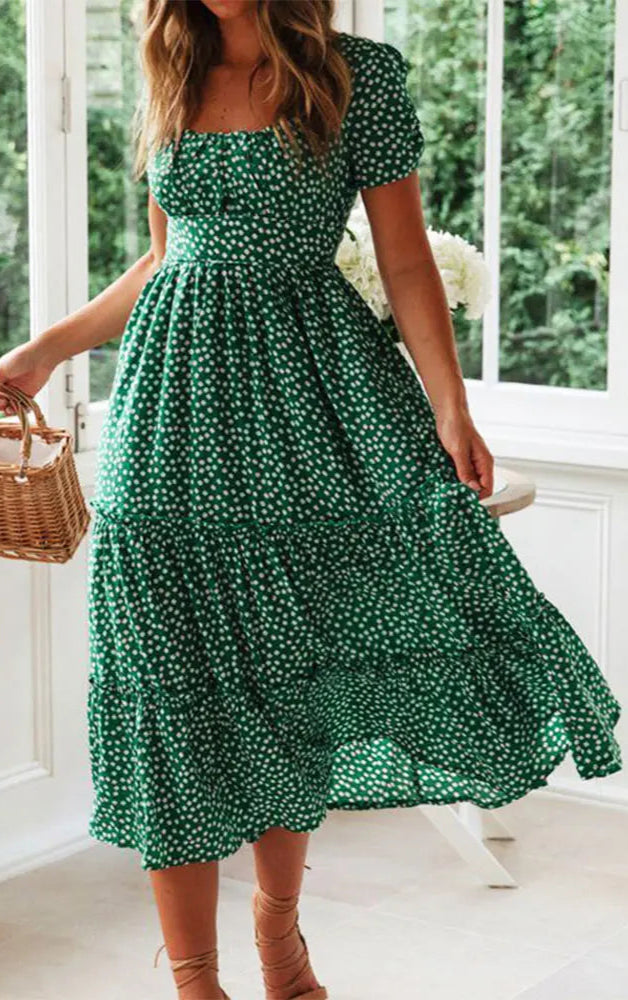Vintage Print Puff Sleeve Retro Style Vestidos