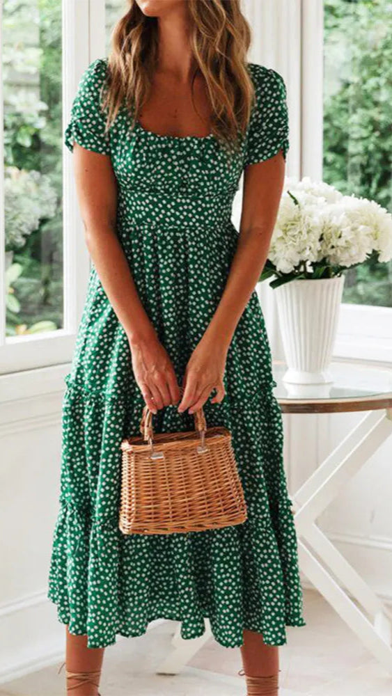 Vintage Print Puff Sleeve Retro Style Vestidos