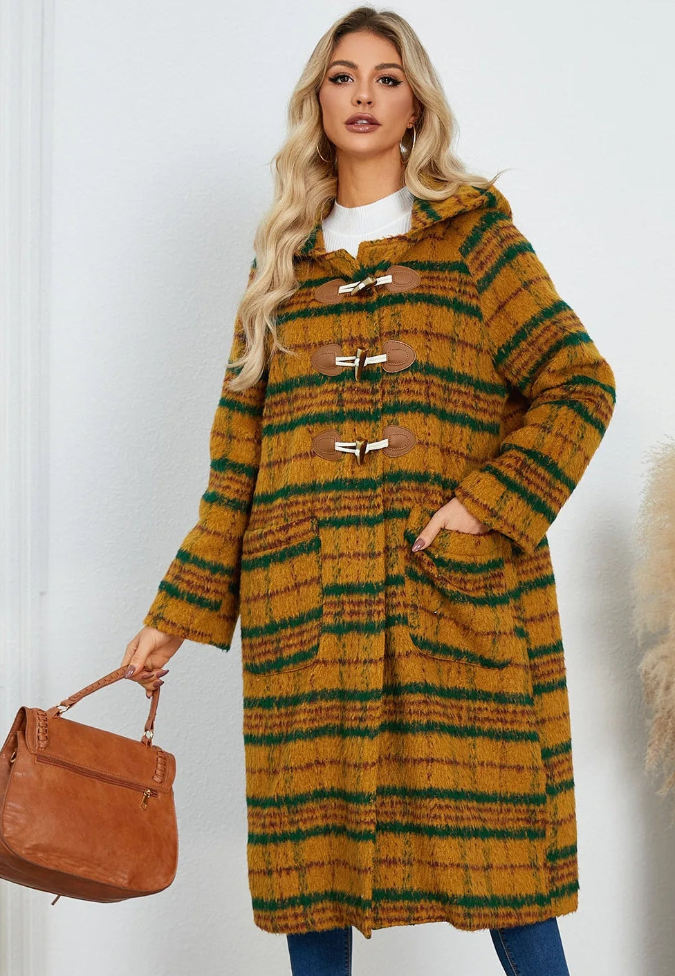 Winter Woolen Coat Plaid Long Coat with Hood