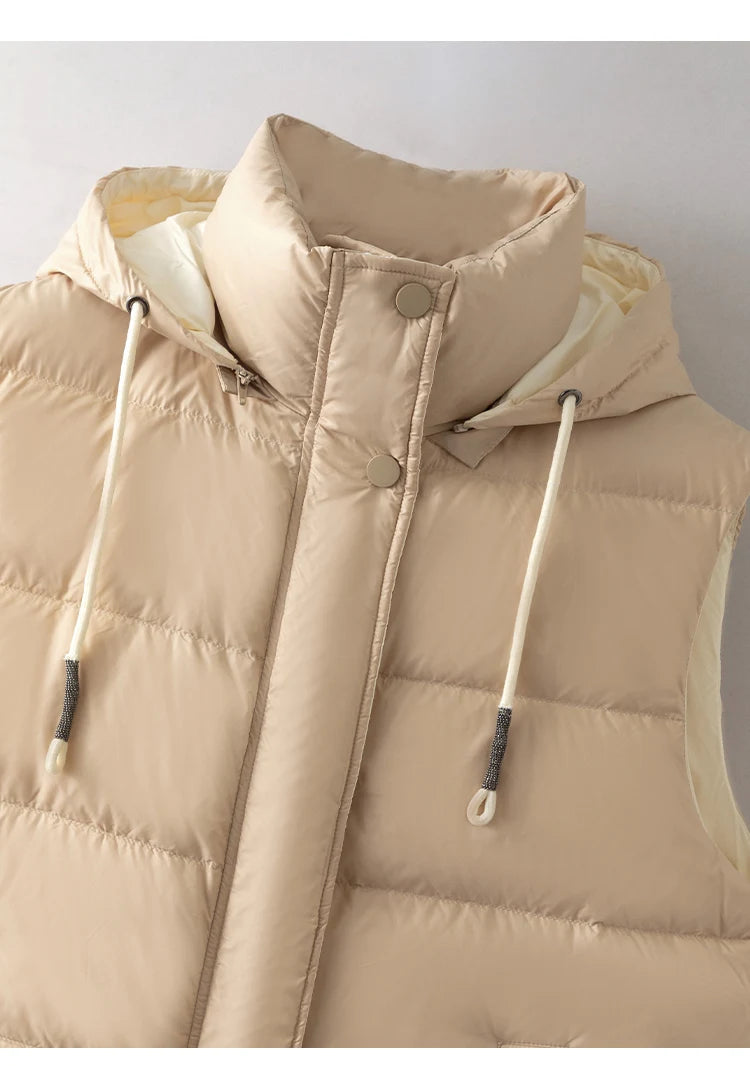Duck Down Hooded Puffer Vest Sleeveless Zip & Button Jacket