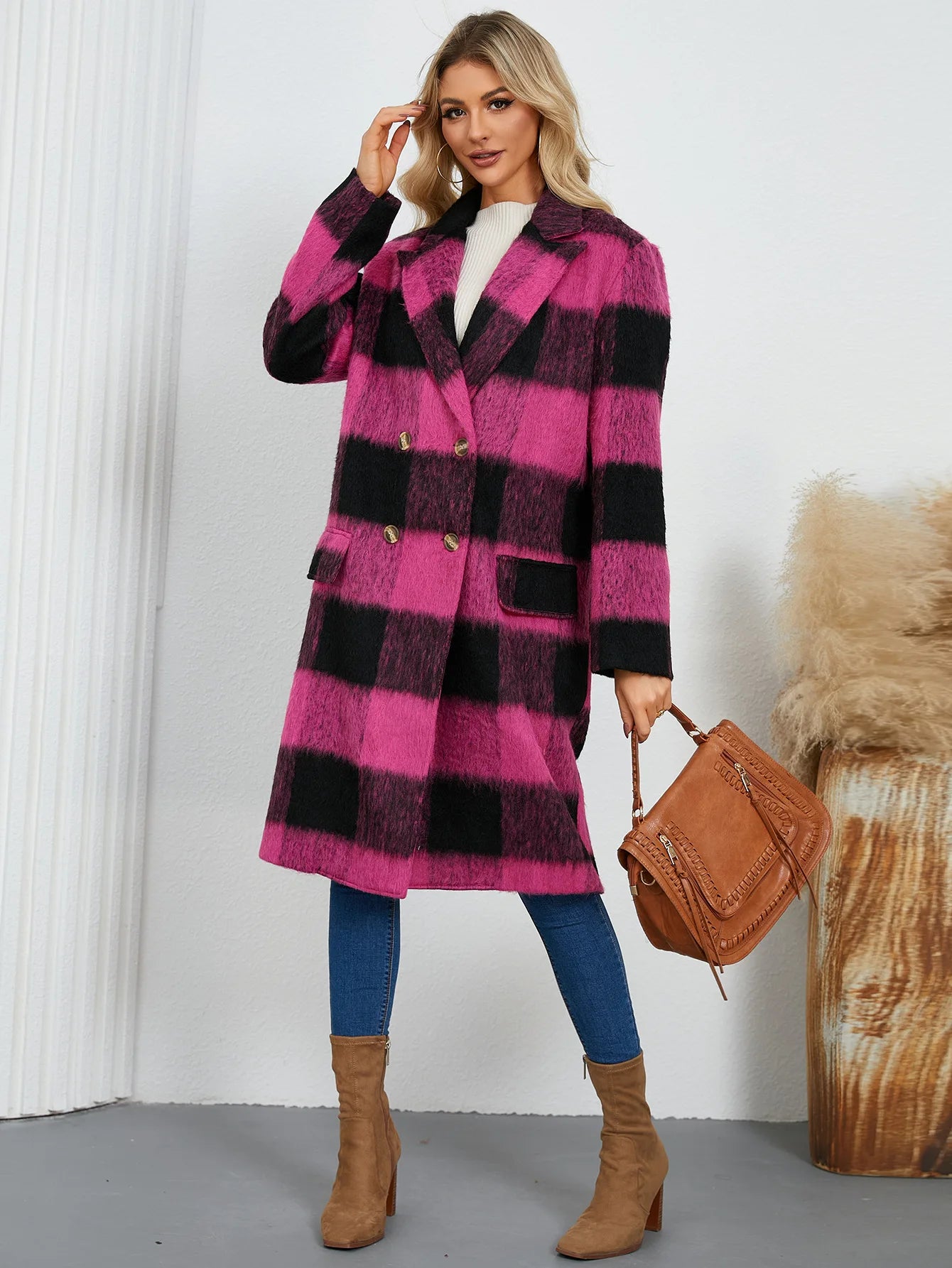 Long Plaid Wool Coat – Double-Faced Woolen Overcoat with Suit Collar