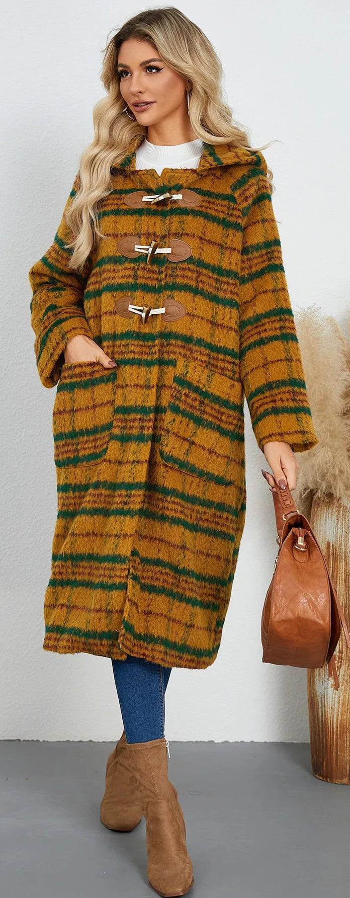 Winter Woolen Coat Plaid Long Coat with Hood