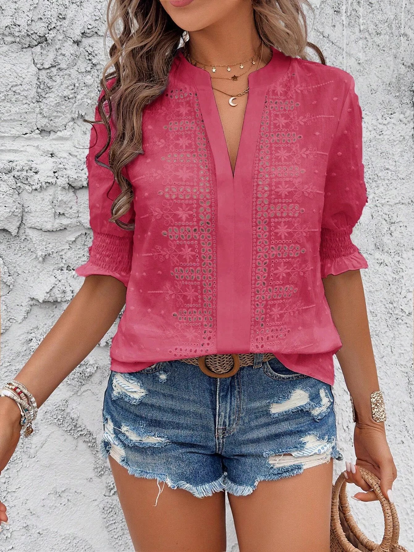 V-Neck Puff Sleeve Bluse Shirred Bust Half Sleeve