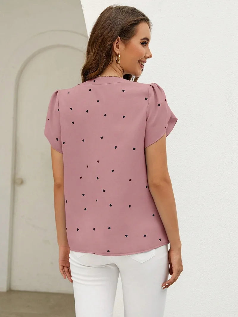 V-neck Love Print Short Sleeve High Quality Tops