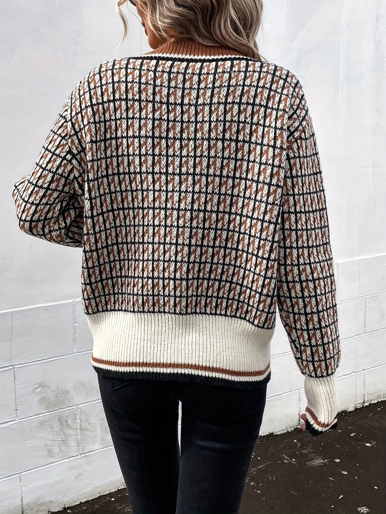 Plaid Knit Cardigan Vintage V-Neck Button