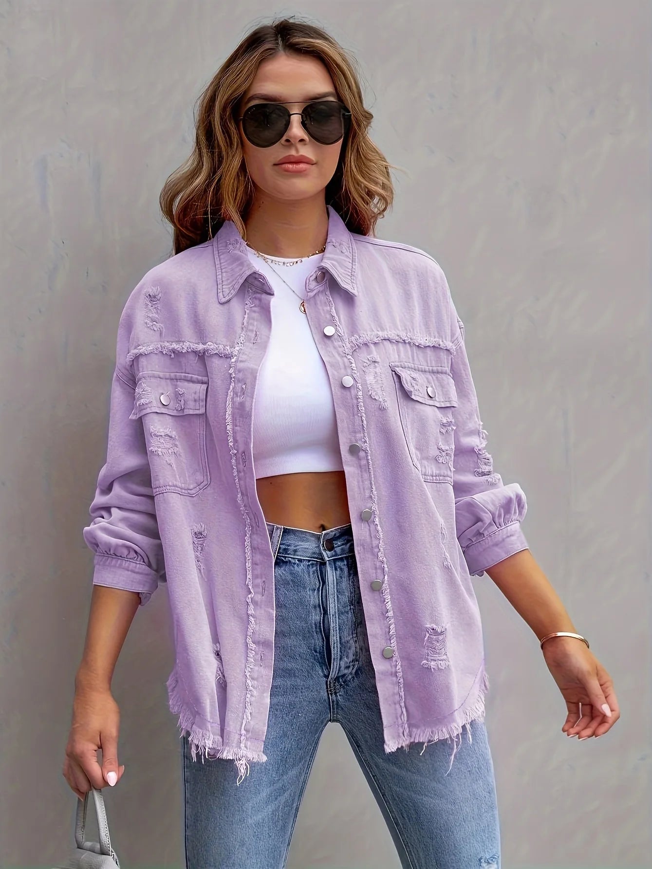 Ripped Denim Shirt Jacket Long Sleeve Solid Color Loose Denim Coat