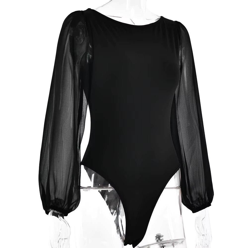 Bodysuit Mesh Long Sleeve Bodycon One-Piece Jumpsuit with Round Neck