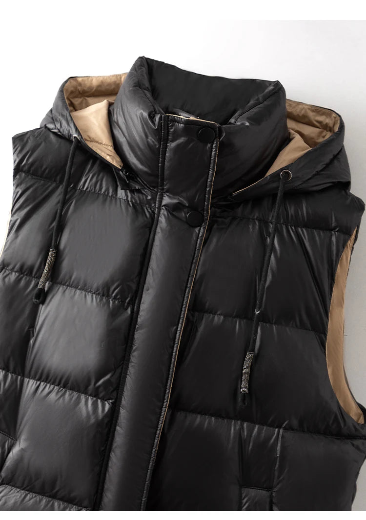 Duck Down Hooded Puffer Vest Sleeveless Zip & Button Jacket