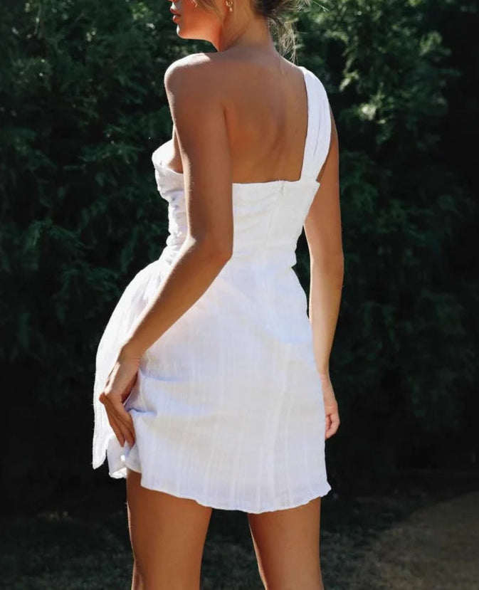 One-Shoulder White Mini Dress Frilled High Waist