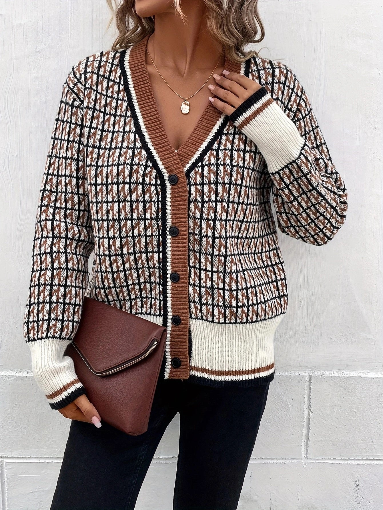 Plaid Knit Cardigan Vintage V-Neck Button