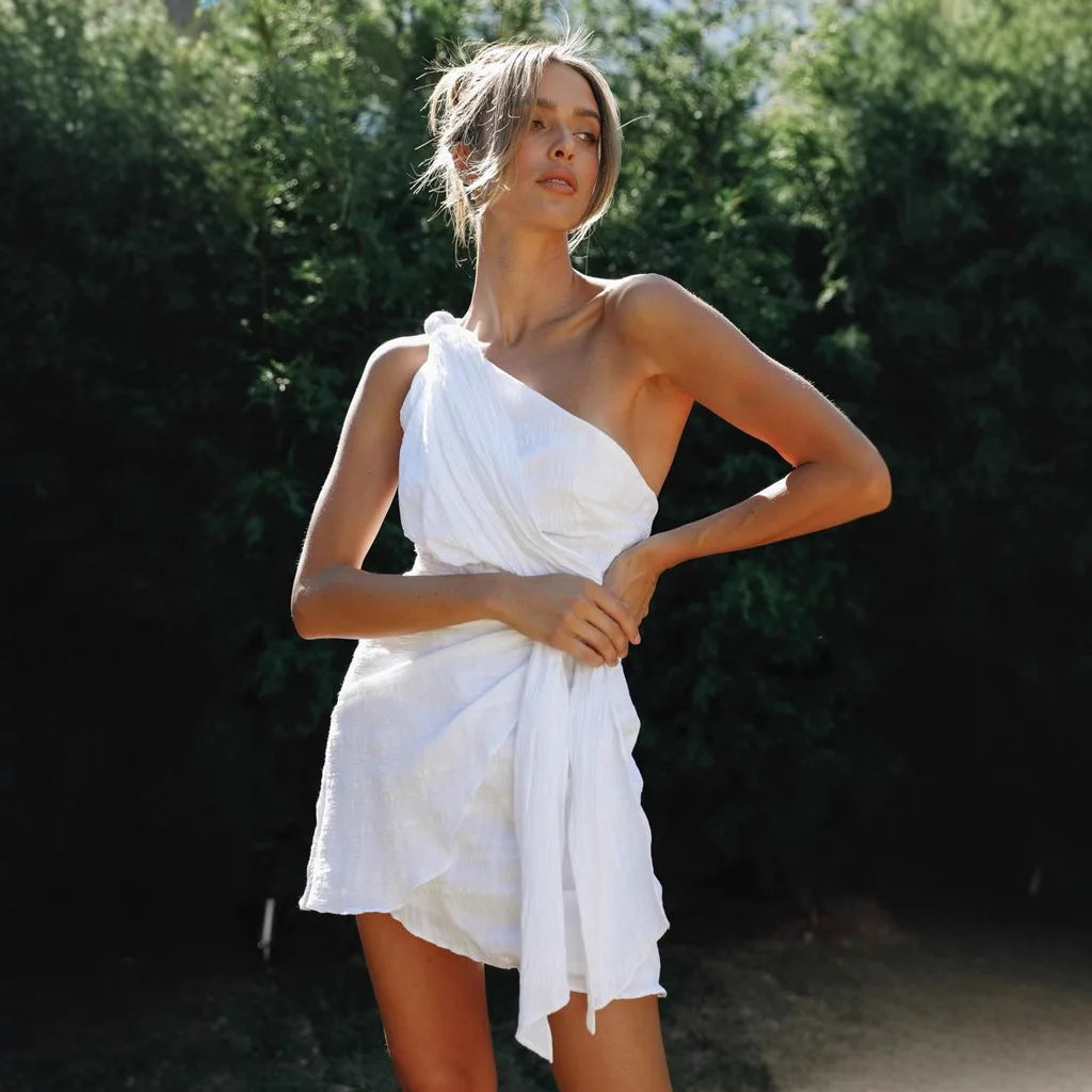 One-Shoulder White Mini Dress Frilled High Waist