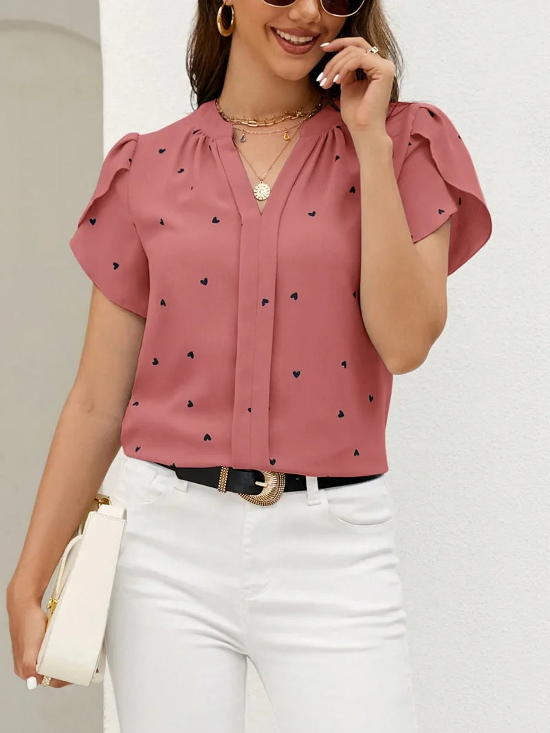 V-neck Love Print Short Sleeve High Quality Tops