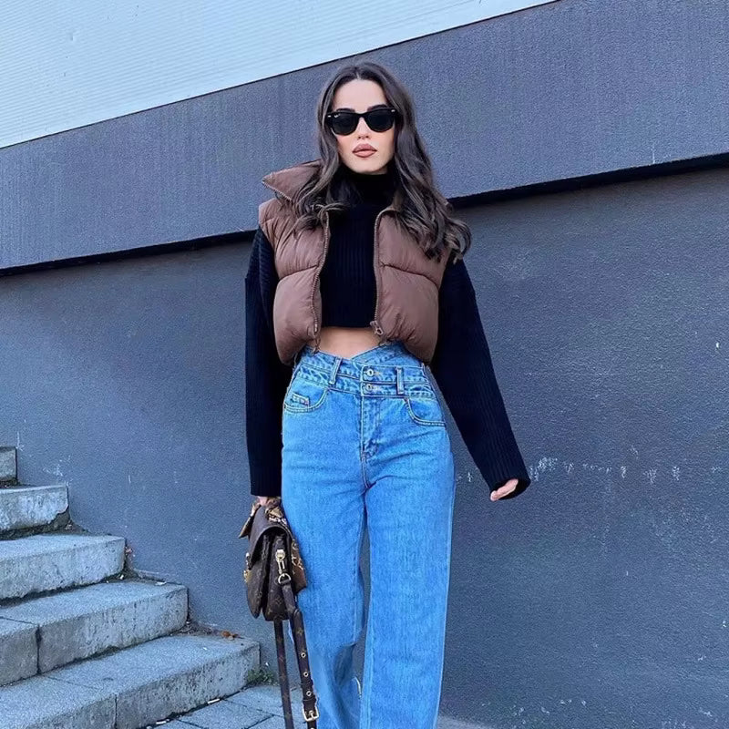 Stand-Up Collar Quilted Sleeveless Jacket