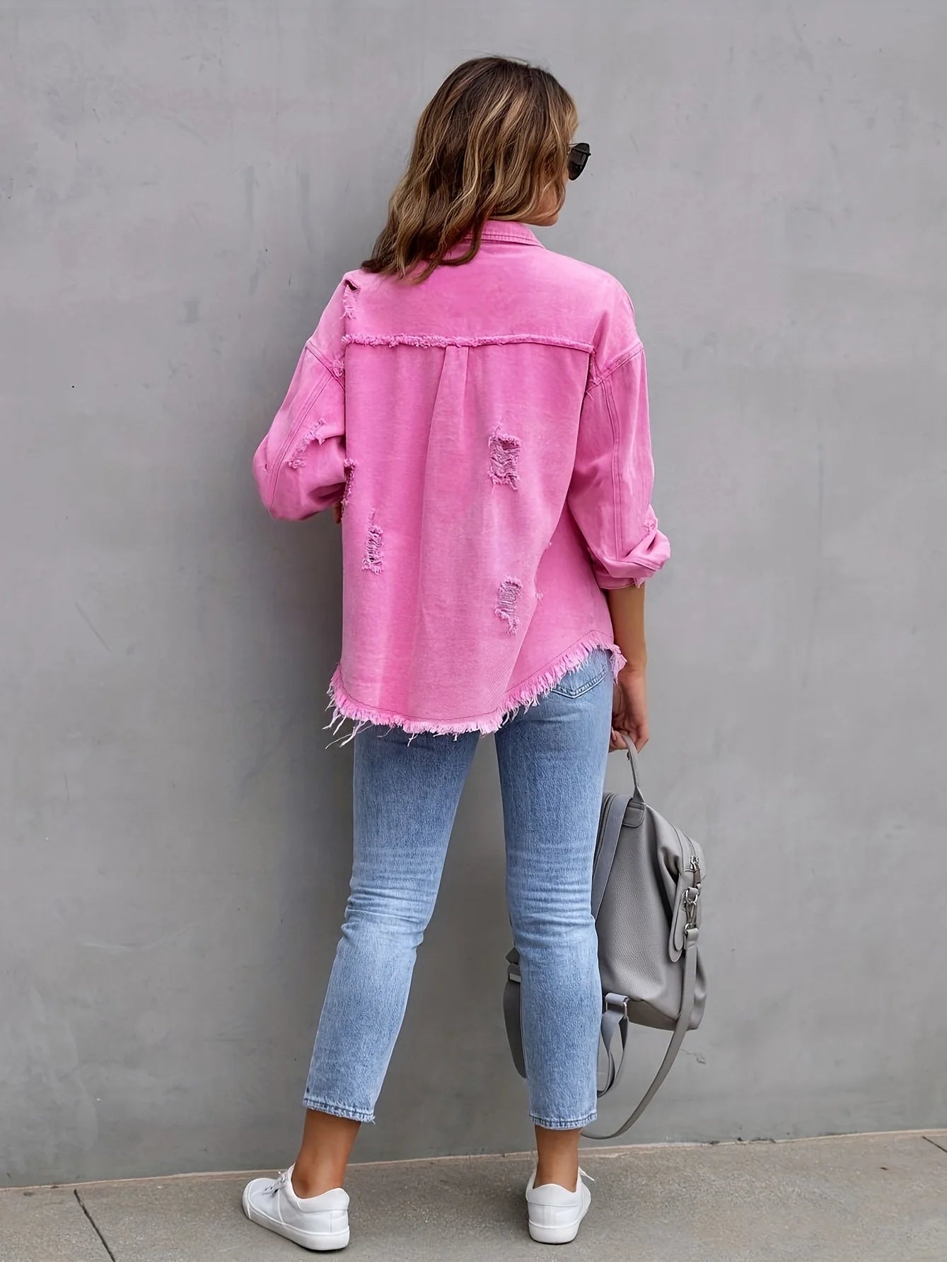 Ripped Denim Shirt Jacket Long Sleeve Solid Color Loose Denim Coat