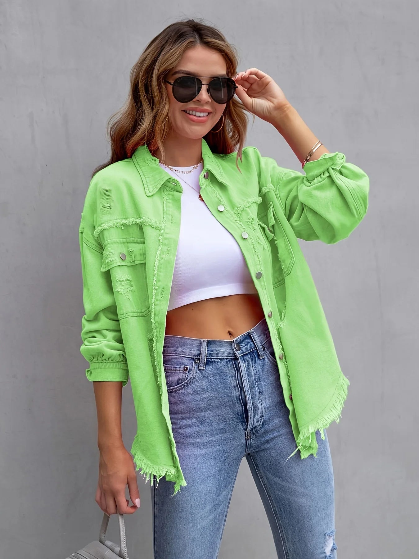 Ripped Denim Shirt Jacket Long Sleeve Solid Color Loose Denim Coat