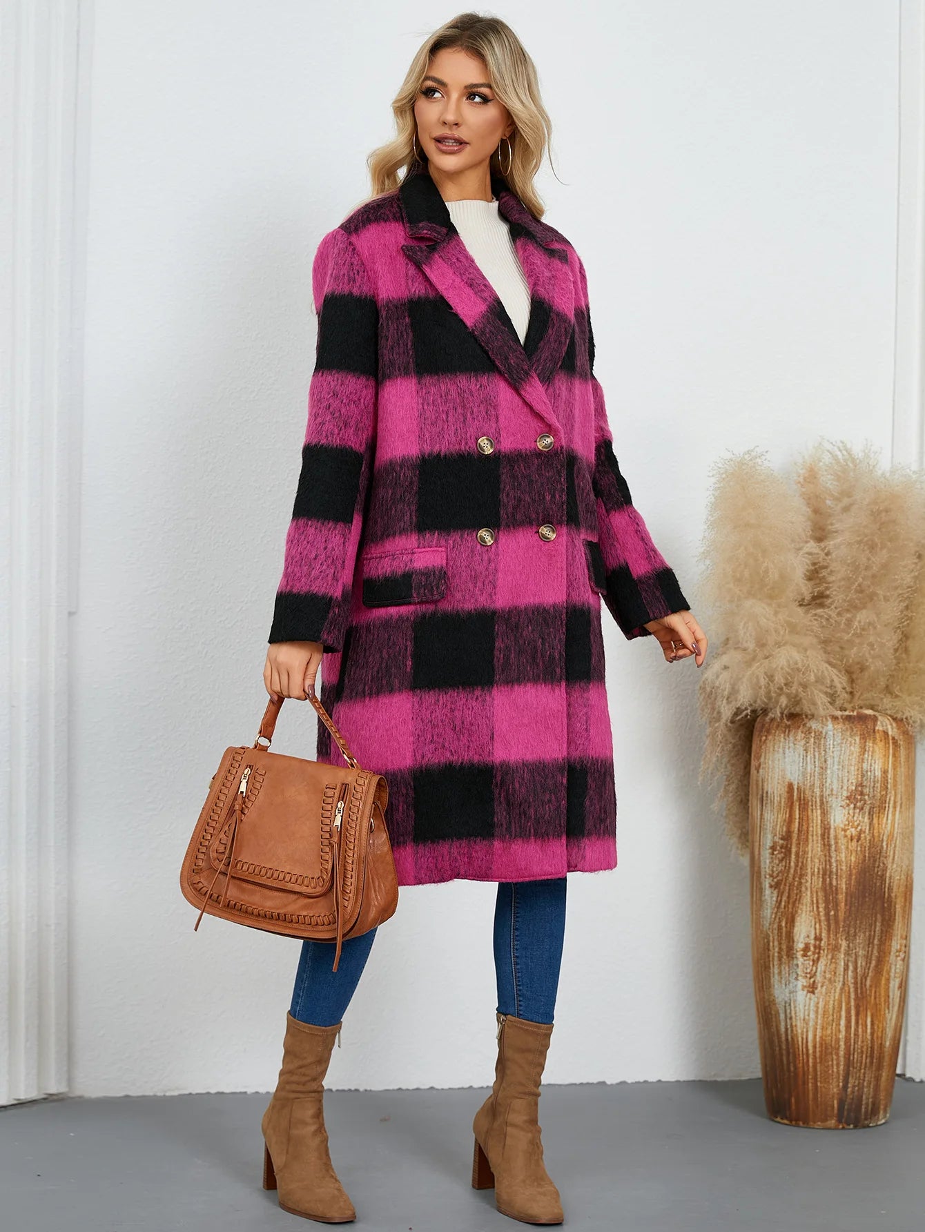 Long Plaid Wool Coat – Double-Faced Woolen Overcoat with Suit Collar