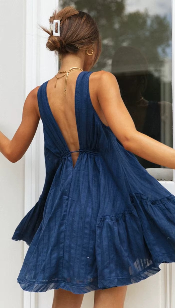 V-Neck Sleeveless Lace-Up Mini Dress