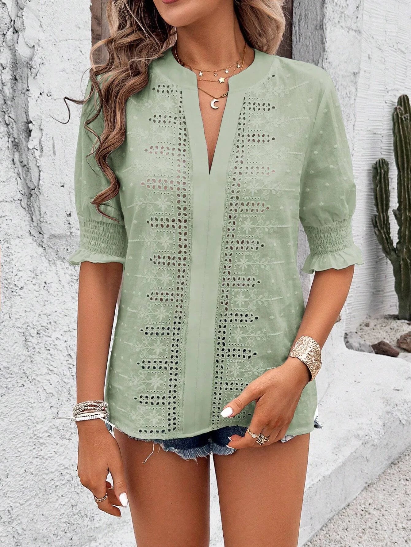 V-Neck Puff Sleeve Bluse Shirred Bust Half Sleeve