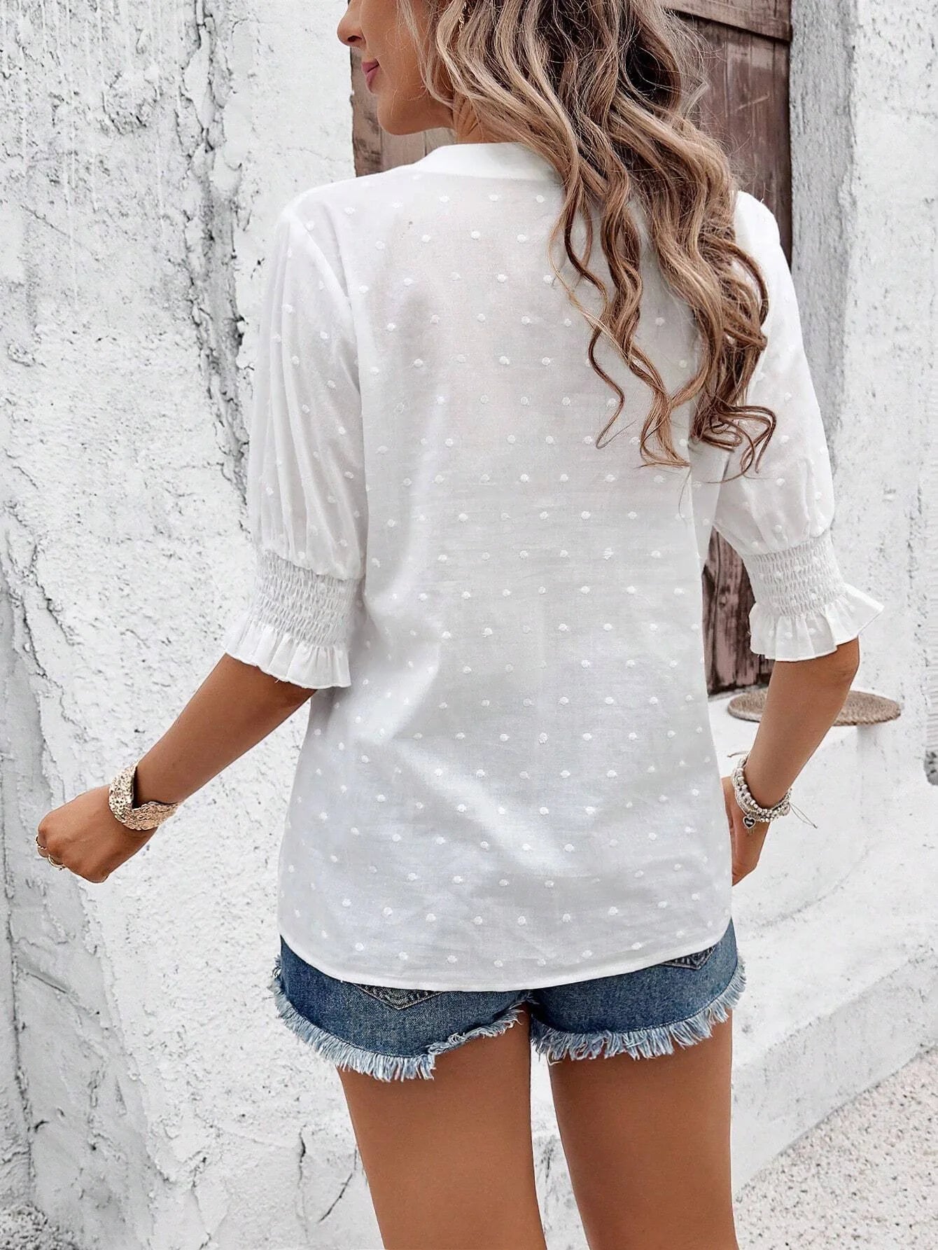 V-Neck Puff Sleeve Bluse Shirred Bust Half Sleeve