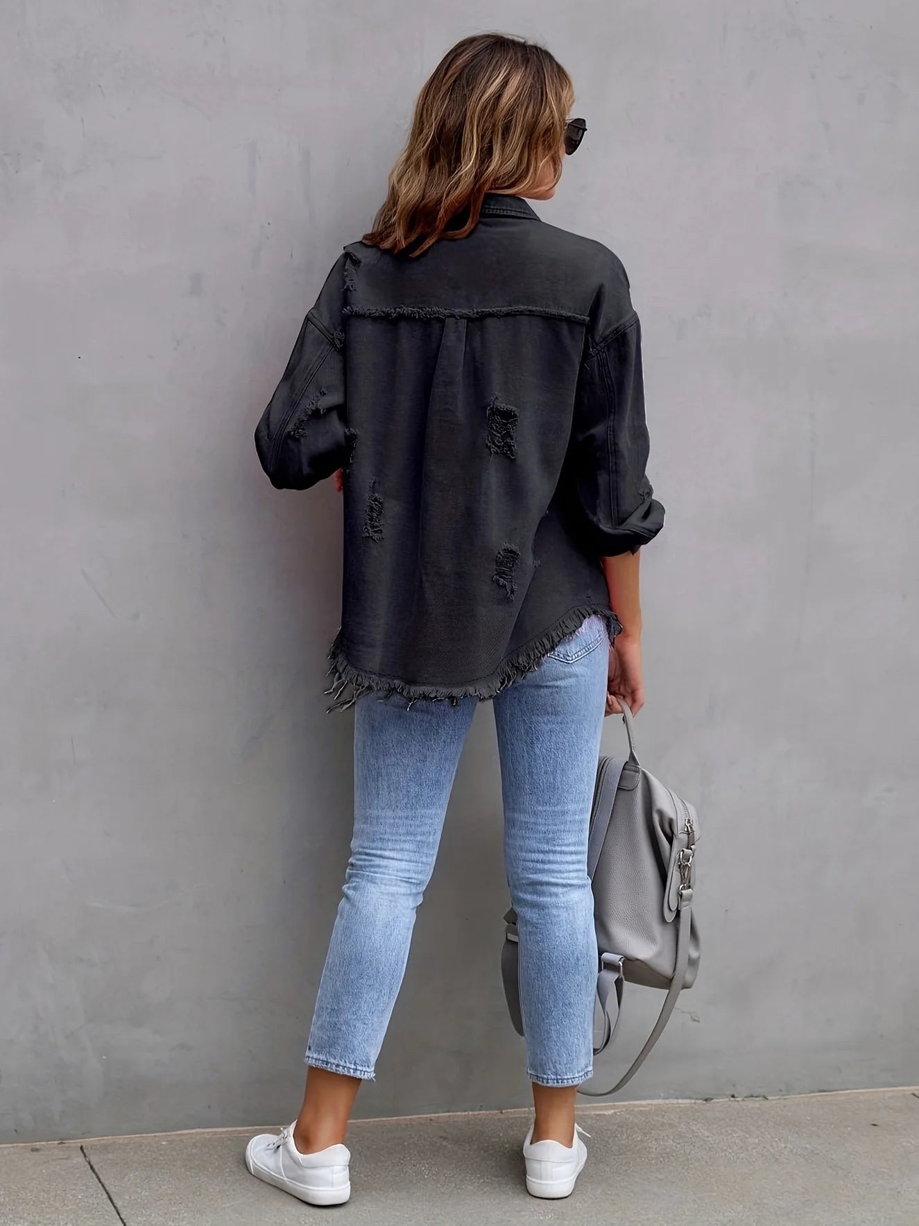 Ripped Denim Shirt Jacket Long Sleeve Solid Color Loose Denim Coat