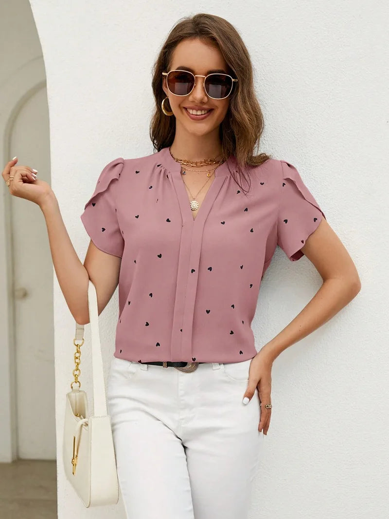 V-neck Love Print Short Sleeve High Quality Tops